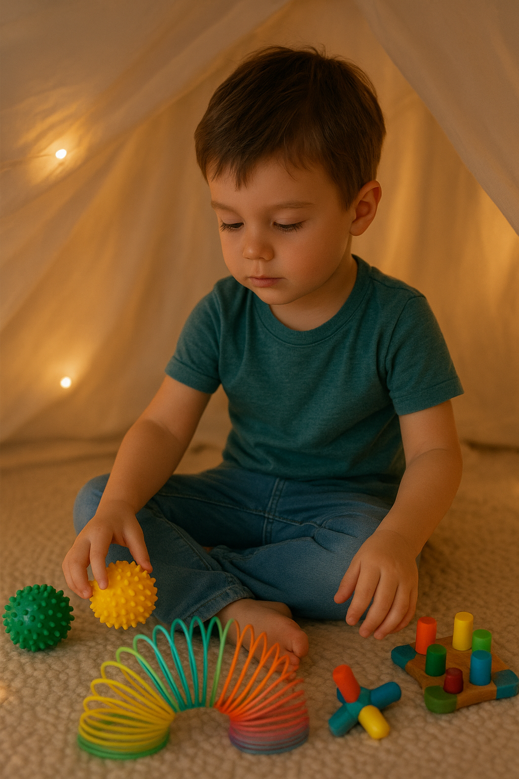 کودک در فضای آرام با نور نرم و اسباب‌بازی حسی