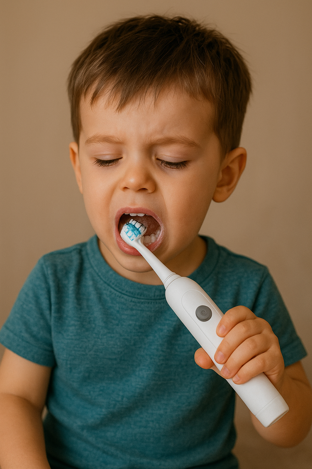 کودک در حال مسواک زدن با مسواک لرزشی